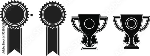 Black and white illustration of awards and ribbons