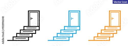 stair door  icon. Open and closed door with stairs concept design, vector illustration Vector. Stairway to opportunity with door icons in different colors 