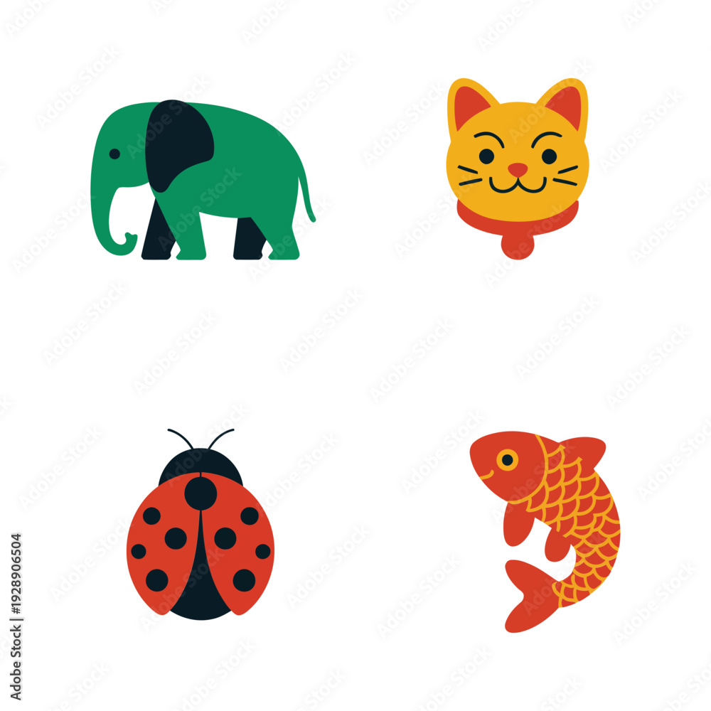 Obraz premium Cute animal icon pack with elephant head, happy cat, ladybug, orange fish, kids party sticker, baby shower, spring celebration