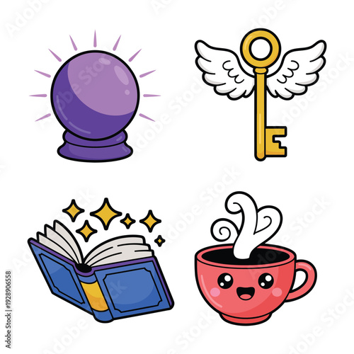 Mystic icons with crystal ball, winged key, open book of spells, smiling tea cup, fortune teller, fantasy party design