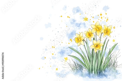 Vibrant Yellow Daffodils with Blue Background and Artistic Splashes of Color