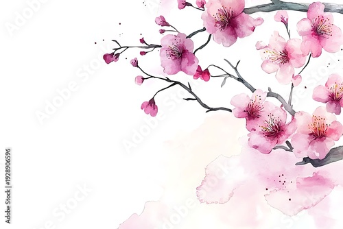 Delicate Pink Cherry Blossom Branch with Soft Watercolor Accents for Floral Design Projects