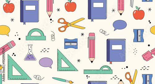 A colorful school-themed pattern featuring books, pencils, apples, scissors, rulers, and speech bubbles. The playful design conveys a cheerful, educational tone.