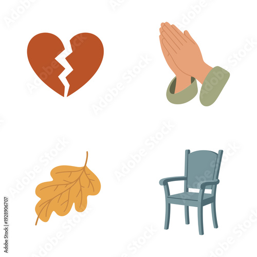 Falling leaf, broken heart and armchair icons, condolence night program, comfort care session, mindfulness prayer, community meal information provided