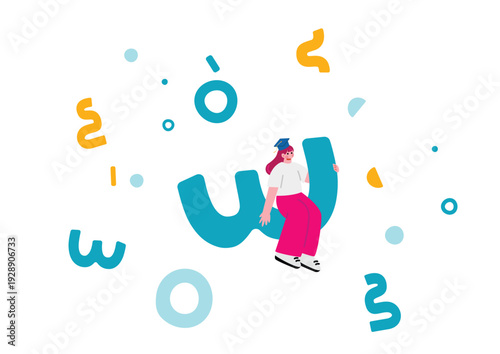 幾何学模様と学生の女の子のイラスト