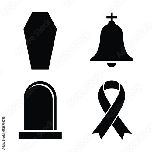 Coffin, bell, headstone and black ribbon silhouettes, respectful funeral service branding, moment of silence session, committal rites ceremony guidelines