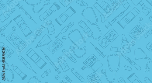 Patterned background with various medical equipment outlines, including stethoscopes, syringes, pill bottles, and thermometers, on a light blue backdrop.