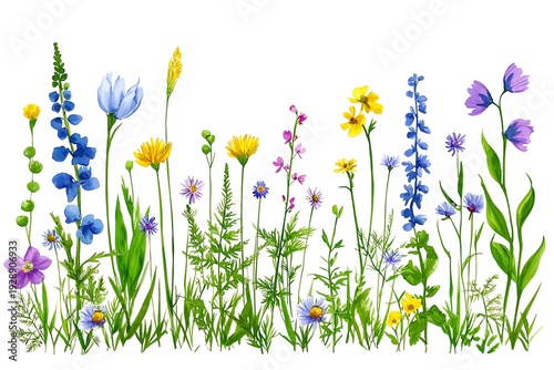 Colorful Wildflower Botanical Illustration with Various Flower Types and Greenery