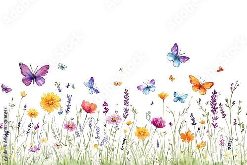 Colorful Wildflowers and Butterflies in Bright Spring Garden Landscape Composition