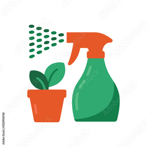 Spray bottle with potted plant, integrated pest management event, foliar feeding session, houseplant care class, watering technique vector illustration