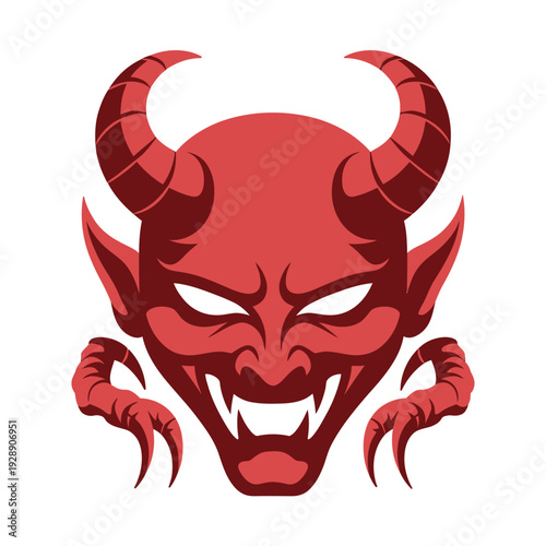 A menacing red devil head with large horns, pointed ears, sharp fangs, and glowing white eyes, depicted in a stylized graphic illustration.