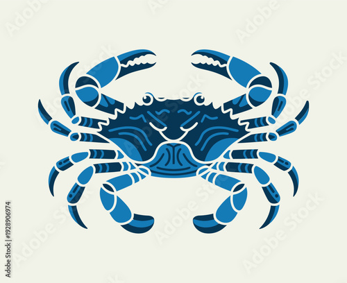 Stylized blue crab illustration with intricate patterns on a light background, showcasing marine life art.