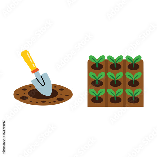 Planting bed with trowel, urban farm volunteer event, bed preparation session, spacing guide, seedling row illustration, community agriculture vector