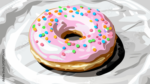 Sweet Pink Frosted Donut with Vibrant Rainbow Sprinkles on Crumpled Paper - Delicious Vector Illustration