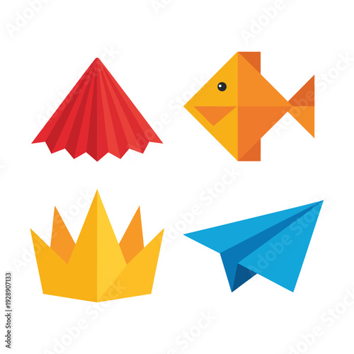 Origami project set, paper fan, crown, fish and airplane, school art fair poster, folding workshop session, take home crafts