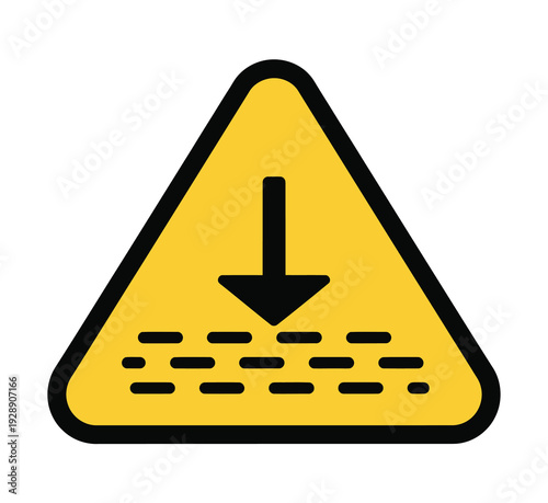 Yellow warning sign indicating fragile surface or soft ground with a downward arrow and dashed lines, cautioning about potential collapse or sinking.