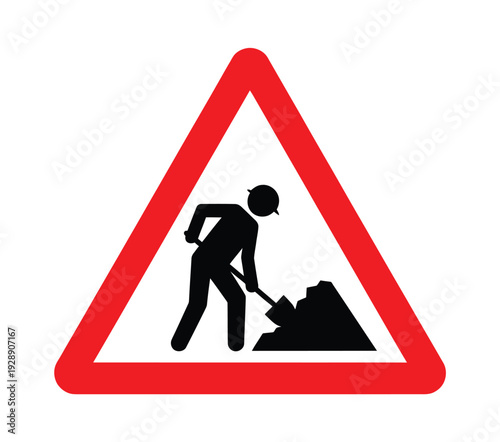A red-bordered white triangular warning sign indicating road works ahead, featuring a black silhouette of a worker shoveling dirt.