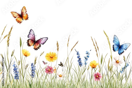 Colorful Butterflies Fluttering Over a Vibrant Wildflower Meadow in Soft Natural Light