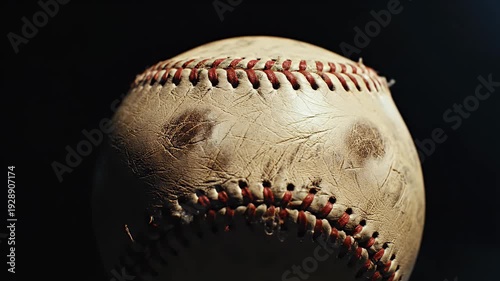 Closeup of a classic worn baseball with red stitching on dark background