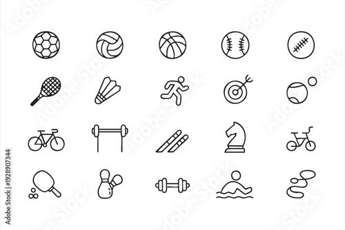 Active lifestyle line icons for fitness, games, and athletic design