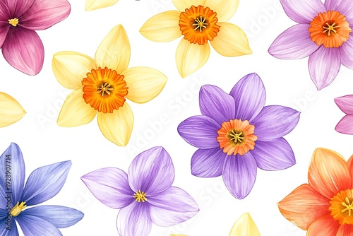 Colorful Floral Pattern with Daffodils and Various Flower Types on a White Background