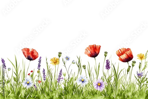 Vibrant Wildflowers Blooming in a Lush Green Meadow Under Bright Blue Sky