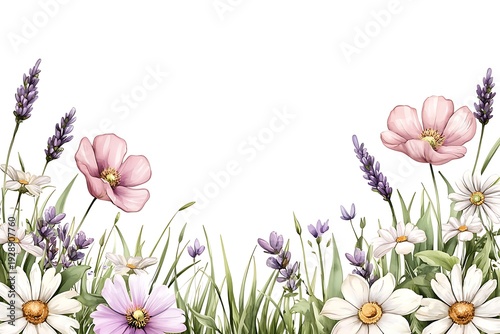 Beautiful Floral Background with Lavender, Pink Flowers and White Daisies for Design Use