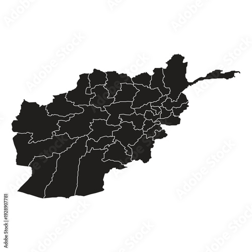 Afghanistan map silhouette with internal provincial borders on white background