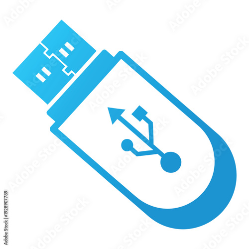 Blue USB flash drive icon with data transfer symbol on white background icon