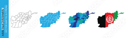 Map of Afghanistan with national flag overlay and multiple regional divisions