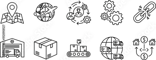 Logistics and Supply Chain Icons Set with Global Shipping Warehouse Delivery and Process Management