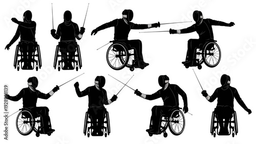 Dynamic silhouettes of athletes engaged in competitive wheelchair fencing duels and solo action