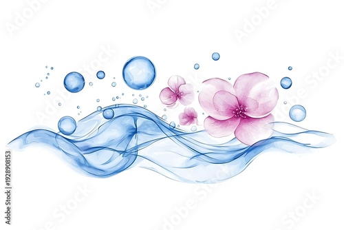 Elegant Waves of Blue Water with Delicate Pink Flowers and Soft Bubbles in Digital Art