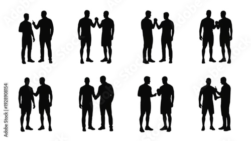 Collection of Silhouetted Male Figures Interacting Through Handshakes and Various Gestures