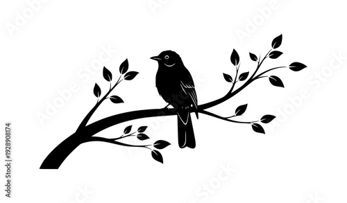 Elegant Bird on Tree Branch Black Silhouette Vector Icon for Nature and Decorative Design