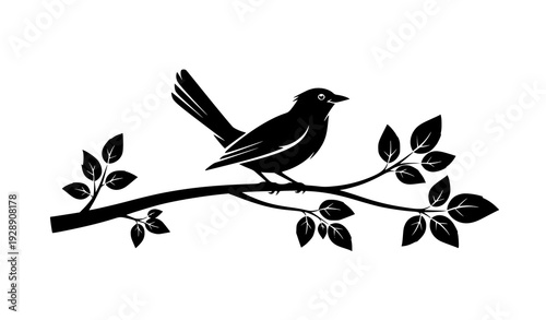 Bird Perched on Leafy Tree Branch Black Silhouette Vector Nature Illustration