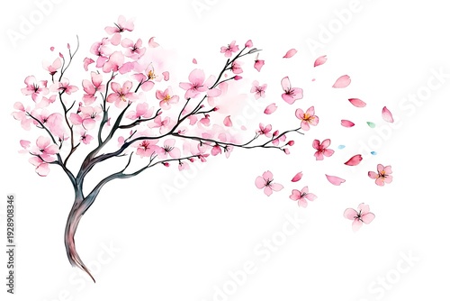 Delicate Cherry Blossom Tree with Pink Petals Falling on a White Background