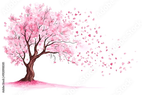 Beautiful Sakura Tree with Pink Blossoms and Petals Floating in the Wind