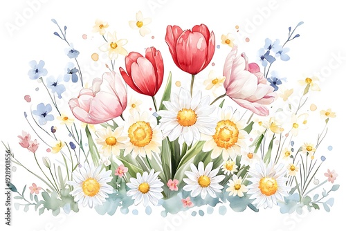 Colorful Floral Arrangement with Tulips, Daisies, and Small Blue Flowers in Watercolor Style