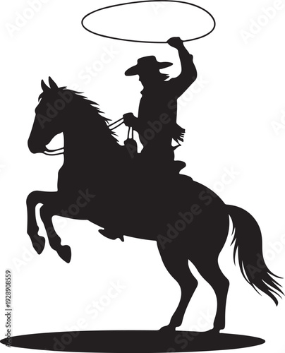 Cowboy silhouette with rope lasso on horse vector illustration isolated on white background for rodeo western design