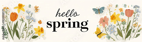 a cute and colorful illustration of spring flowers with the text hello spring written in elegant script, perfect for adding a touch of warmth to your designs. the artwork features various blossoms lik