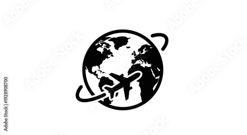Airplane flying around the globe symbol.