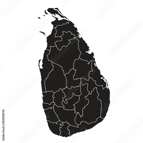 Map of Sri Lanka divided into administrative districts silhouette
