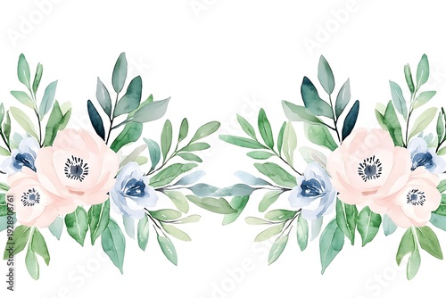 Soft Floral Arrangement with Watercolor Flowers and Lush Greenery on White Background
