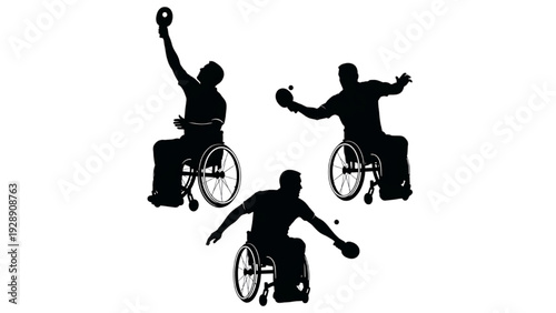 Silhouette illustrations of people in wheelchairs playing table tennis