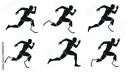 Paralympic runner with prosthetic legs, motion study silhouettes