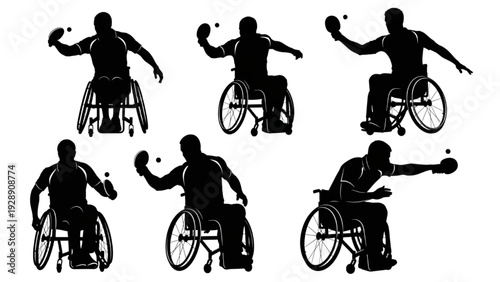 Silhouette icons of athletes playing table tennis in wheelchairs