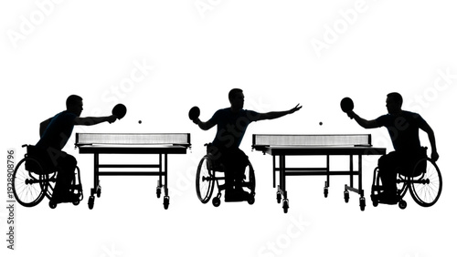 Silhouettes of athletes in wheelchairs playing table tennis on a white background