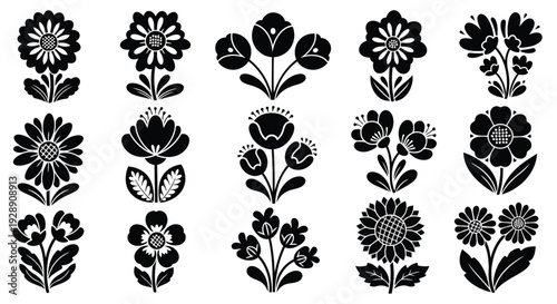 A collection of intricate and detailed floral designs in black and white