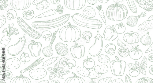 Line drawing of various vegetables including pumpkins, carrots, peppers, mushrooms, and zucchinis. The playful pattern is evenly spaced, evoking a fresh, organic feel.